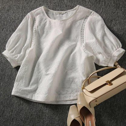 Women's Lantern Sleeve Loose Embroidery Cotton Lace O-neck Casual Blouses