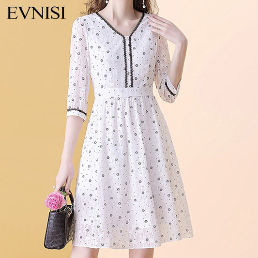 French Women White With Black Lace Floral V-neck Casual Daily Wear Chiffon Dress