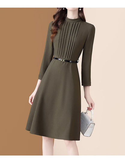 Women's Autumn Long Sleeve Coffee ound Neck Pleated Party Dresses with Belt