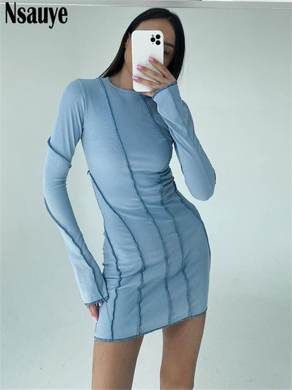 Women's Club Ribber Knitted Mini O Neck Long Sleeve Bodycon Dress (7 Colors)