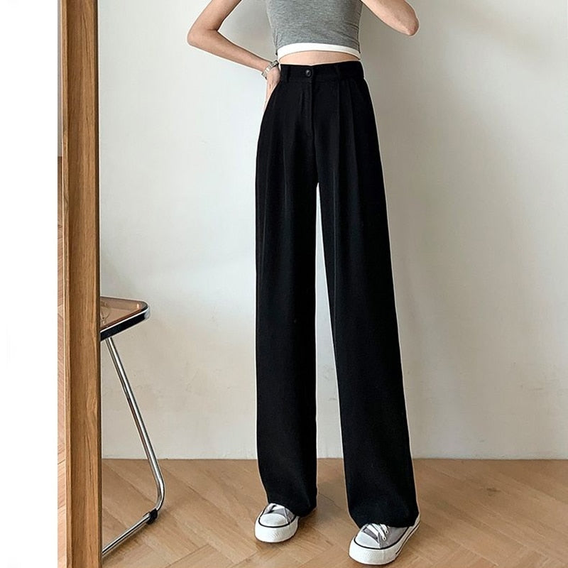 Women's Wide Leg Loose High Waist Korean Style Solid Office Straight Pants (2 Colors)