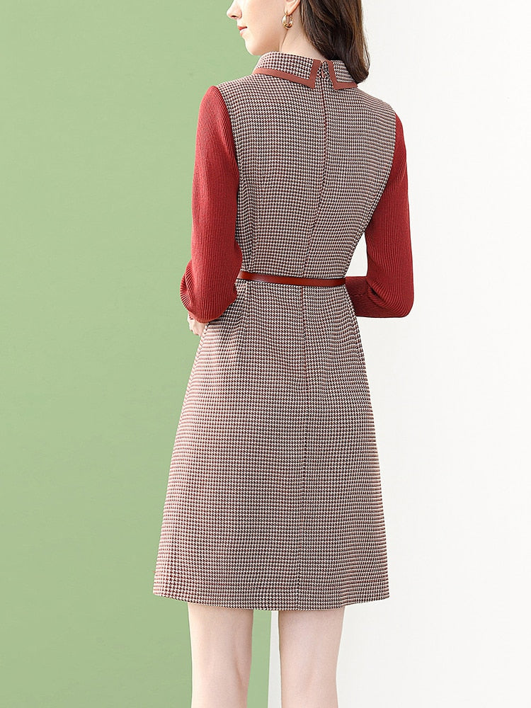 Women's Patchwork eter Pan Collar Long-sleeved A-line Dresses With Belt