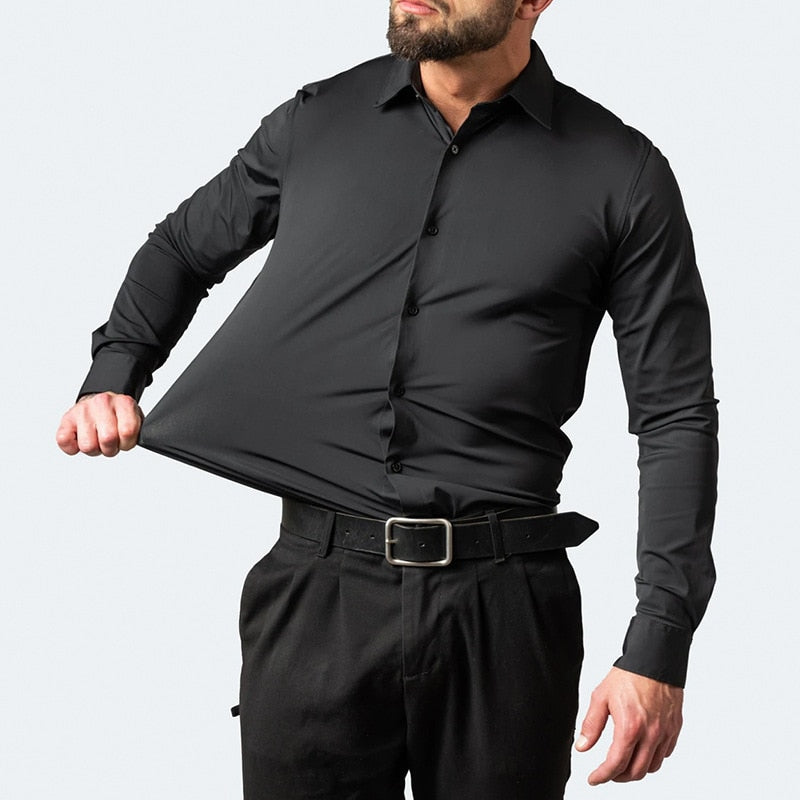 Men's elastic force non-iron long-sleeved business casual mercerized vertical shirt (9 Colors)