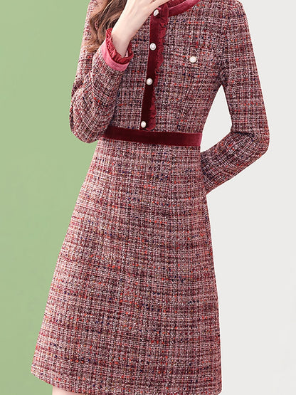 Women's Vintage Tweed Ruffle Wine Plaid Beaded Woolen Winter Flamingo Dress