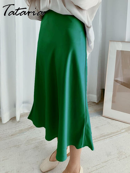 Women's High Waisted Silk Satin A-Line Elegant Midi Skirts  (10 Colors)