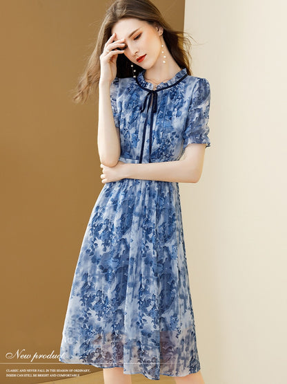 Women's Summer Chiffon Floral Print Slim Elegant French Office Lady Bow Party Midi Dress