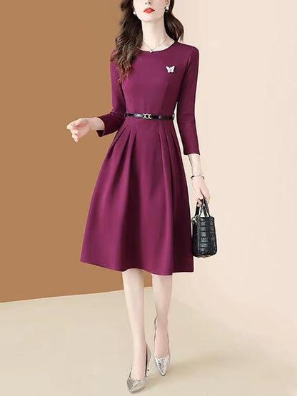 Women's Purple Long-sleeved Autumn And Winter Slim Lace-up O-neck Dress With Belt