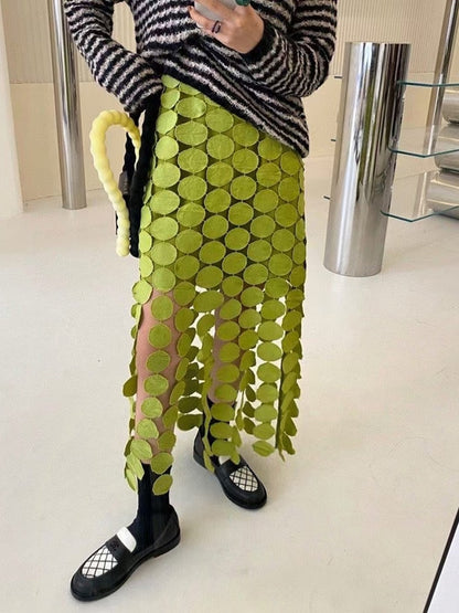 Women's Cut Out High Waist Patchwork Tassel Irregular Hem Solid Midi Skirts (3 Colors)