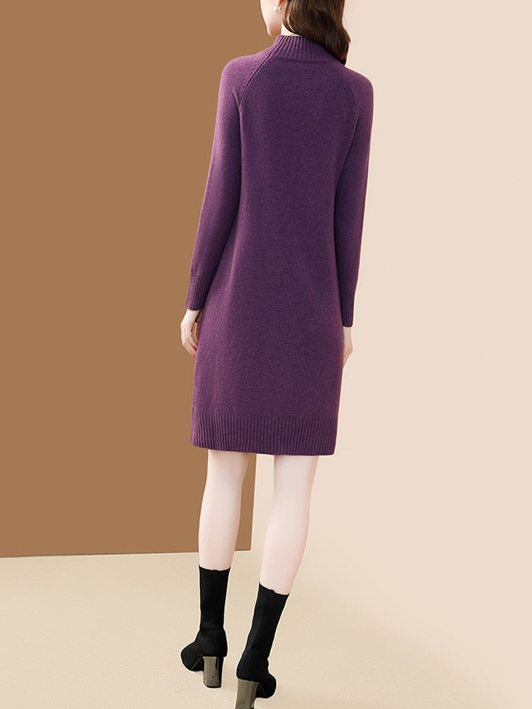Women's 100% Merino Wool Knit High Collar Slim Purple Elegant Dress (3 Colors)