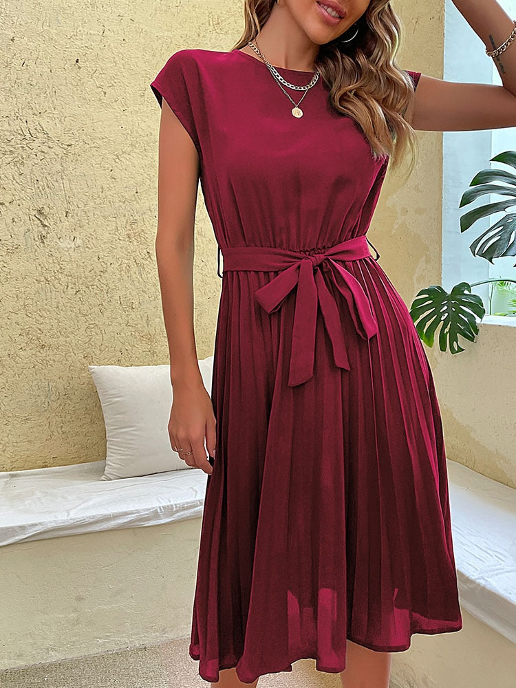 Women's Solid Casual Neck Beach Short Sleeve Pleated Midi Sundress (3 Colors)