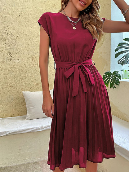 Women's Solid Casual Neck Beach Short Sleeve Pleated Midi Sundress (3 Colors)