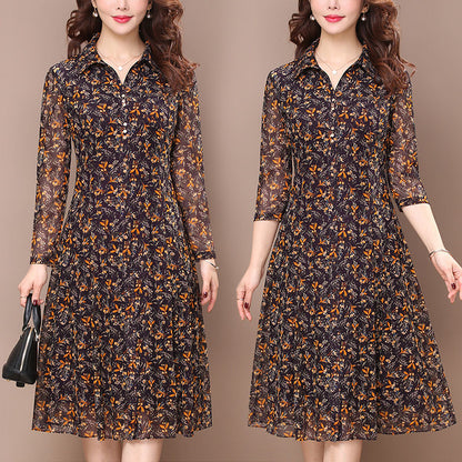 Women's Floral Print Long Sleeve Turndown Collar Casual Button Midi Dress (3 Colors)