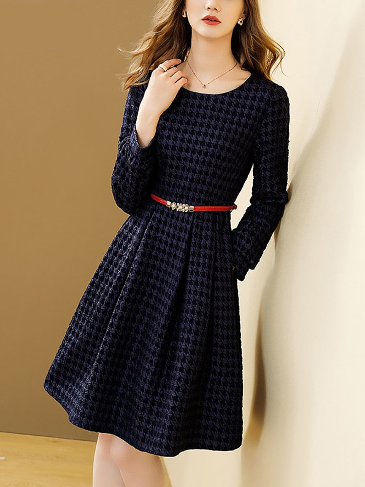 Women's Winter Navy Blue Bird Lattice Elegant Autumn A-line O-neck Slim With Belt