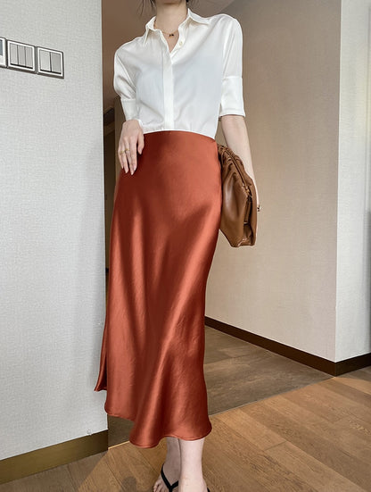 Women's High Waisted Silk Satin A-Line Elegant Midi Skirts  (10 Colors)