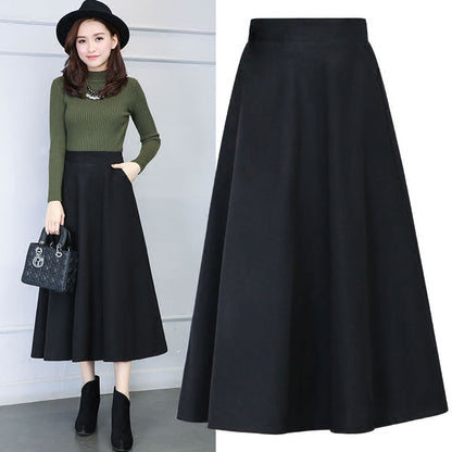 Womens Mid/Long High Waist Basic Wool Elastic A-Line Maxi Skirts (12 Colors)