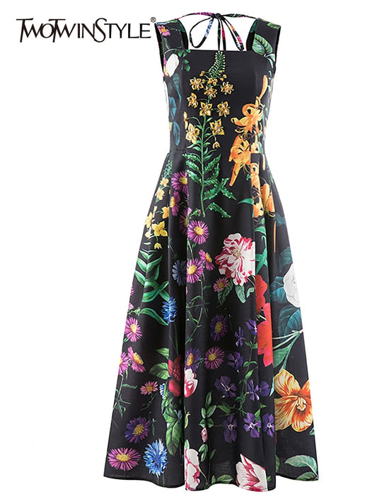 Women's Sleeveless High Waist Printed Summer Loose Midi Dresses (2 Colors)