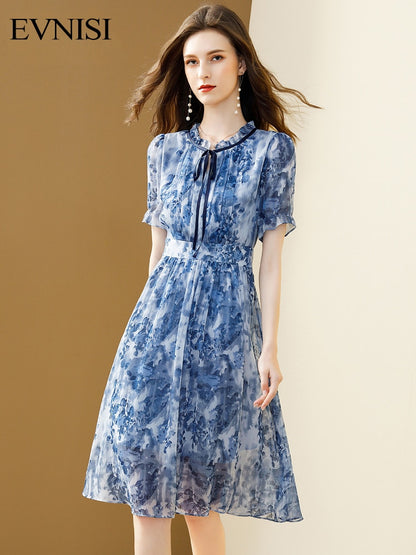 Women's Summer Chiffon Floral Print Slim Elegant French Office Lady Bow Party Midi Dress