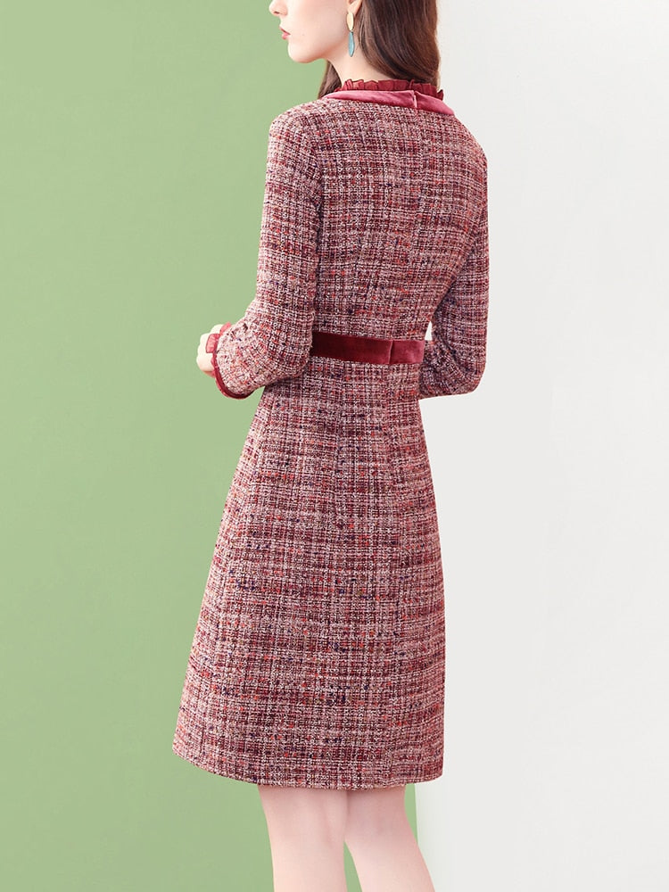 Women's Vintage Tweed Ruffle Wine Plaid Beaded Woolen Winter Flamingo Dress