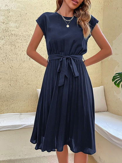 Women's Solid Casual Neck Beach Short Sleeve Pleated Midi Sundress (3 Colors)