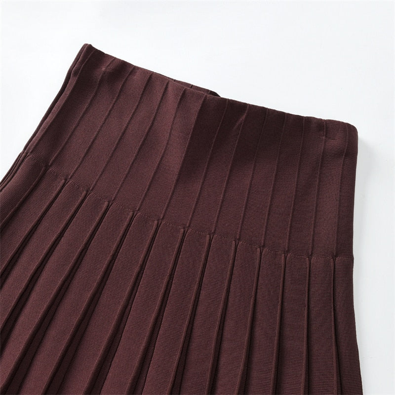 Women's Knitted Pleated High Waist Knee Length Skirts (11 Colors)