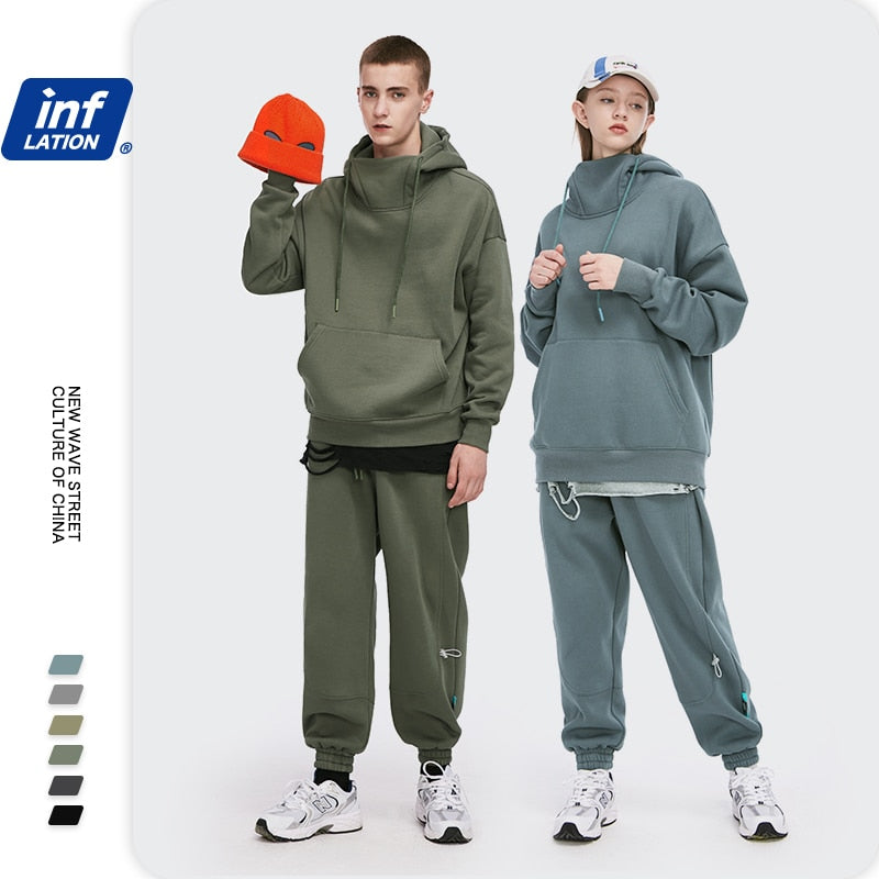 Unisex Thick Fleece High Collar Hoodie and Sweatpant Jogging Tracksuit Set (12 Options)