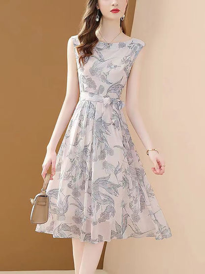 Women's Chiffon Print O-Neck Sleeveless Lace Up Elegant A-Line Slim Pleat Chiffon Dress