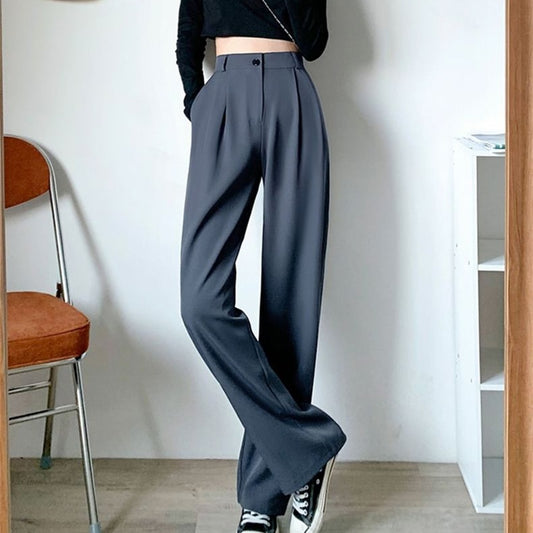 Women's Wide Leg Loose High Waist Korean Style Solid Office Straight Pants (2 Colors)
