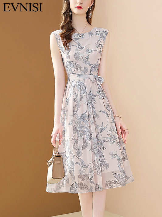 Women's Chiffon Print O-Neck Sleeveless Lace Up Elegant A-Line Slim Pleat Chiffon Dress