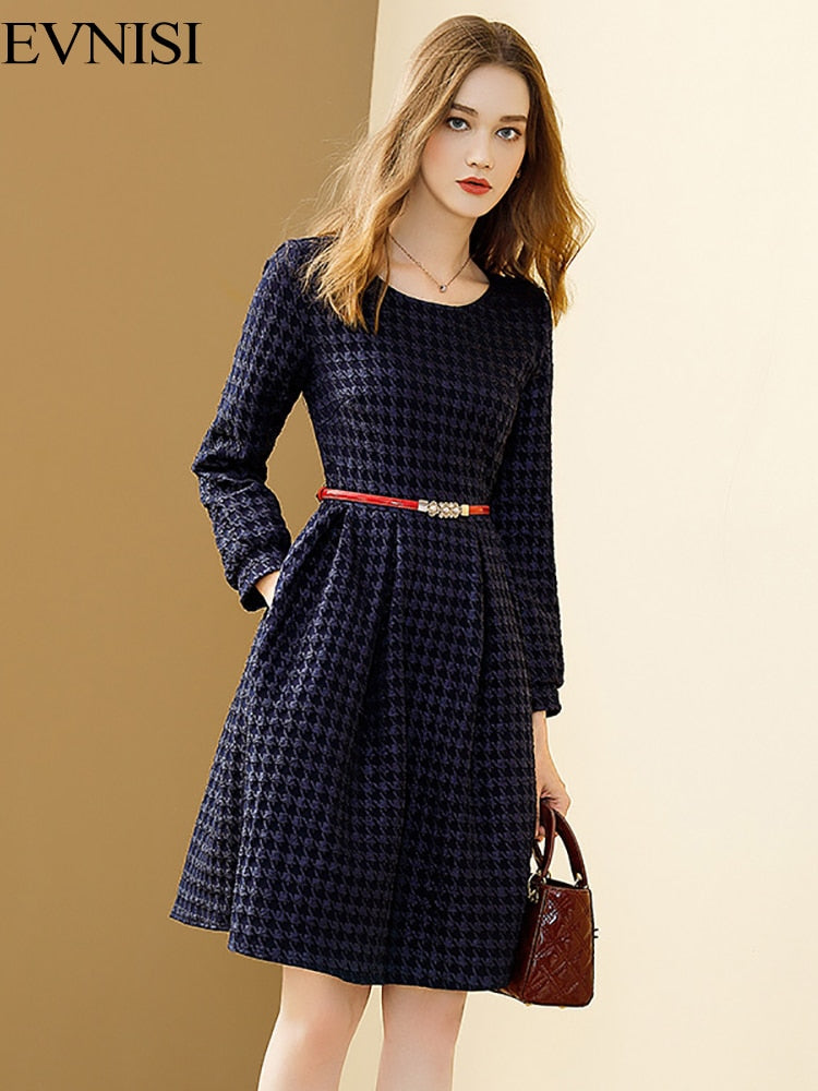 Women's Winter Navy Blue Bird Lattice Elegant Autumn A-line O-neck Slim With Belt