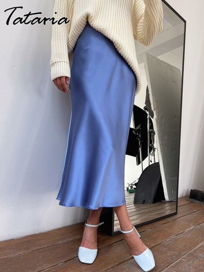 Women's High Waisted Silk Satin A-Line Elegant Midi Skirts  (10 Colors)