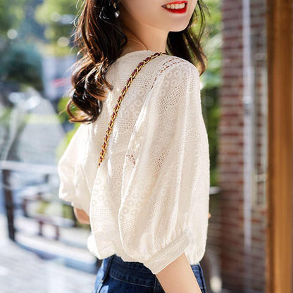 Women's Lantern Sleeve Loose Embroidery Cotton Lace O-neck Casual Blouses