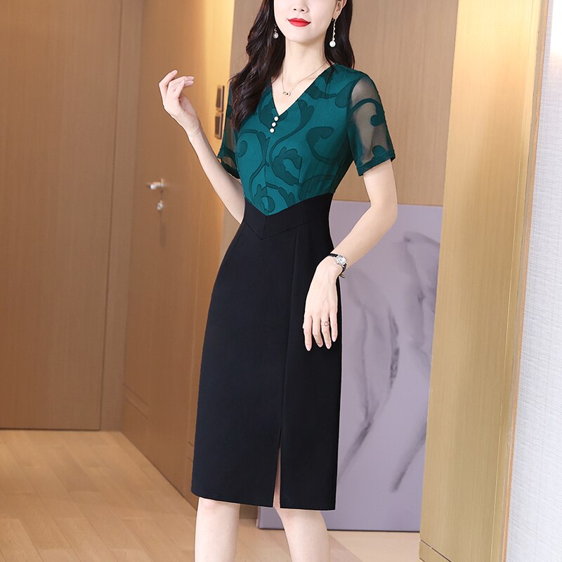 Women's Slim Sexy V-neck Patchwork Office Bodycon Dress (4 Styles)