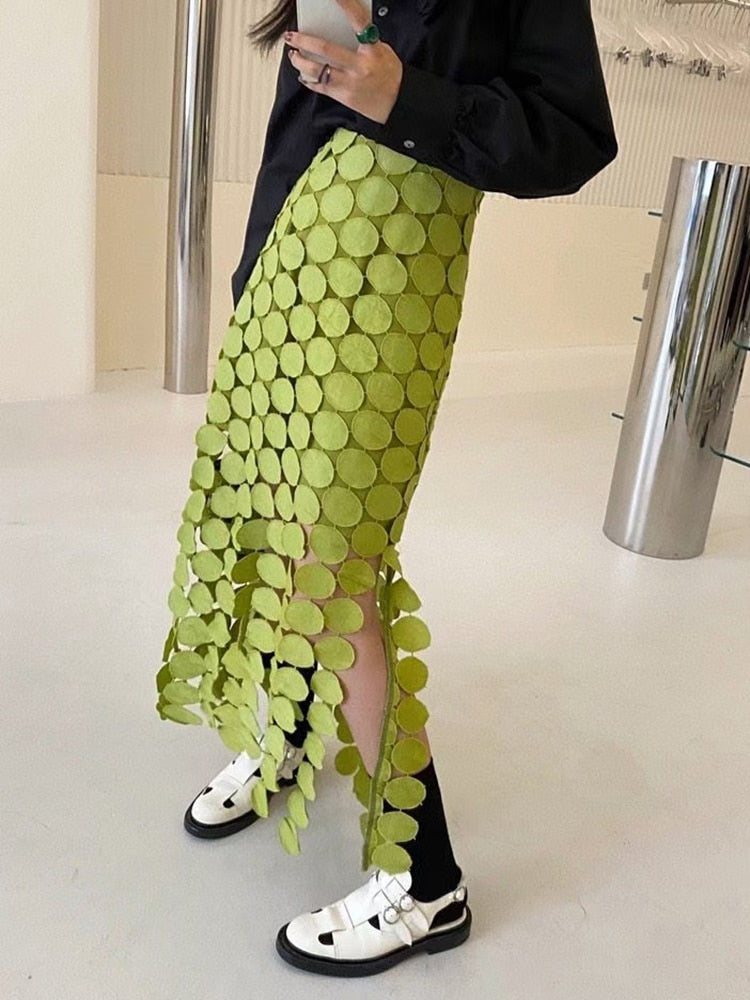 Women's Cut Out High Waist Patchwork Tassel Irregular Hem Solid Midi Skirts (3 Colors)