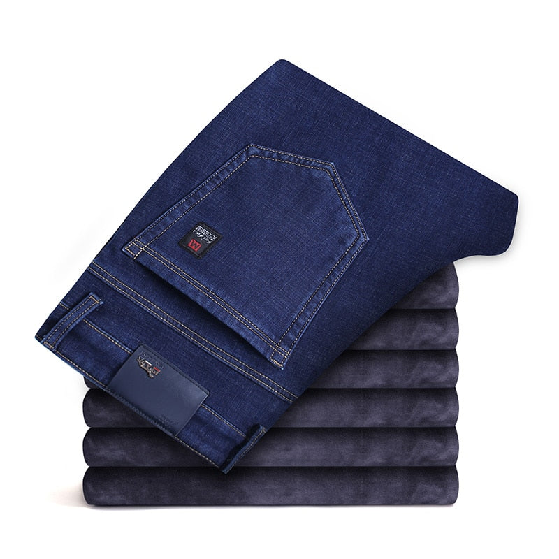 Men's Fleece Warm Jeans Classic Style Business Casual Regular Fit Denim (2 Colors)