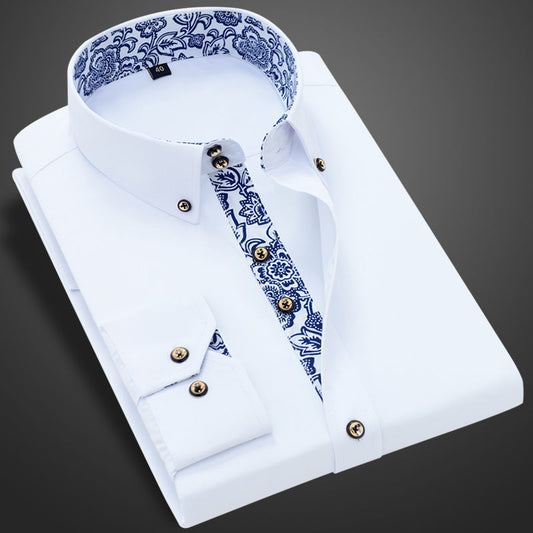 Men's Blue-and-white Porcelain Collar Business Casual Solid Color Shirts (6 Styles)