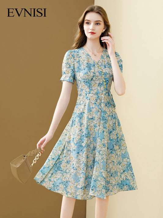 Women's Floral Printed V-Neck Slim A-Line Button Party Holiday Chiffon Dress