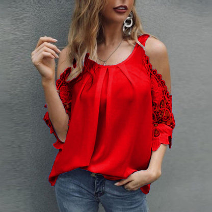 Women's Solid Hollow-out V Neck Puff Sleeved Cotton Tops - Collection 2 (7 Colors / Styles)