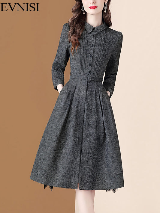 Women's Lace Patchwork OL With Pockets Long Sleeve Polo Collar Single Breasted Pleated Slim Dress With Belt