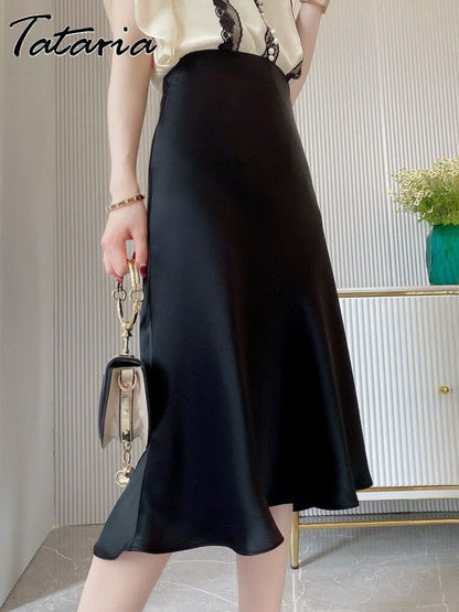 Women's High Waisted Silk Satin A-Line Elegant Midi Skirts  (10 Colors)