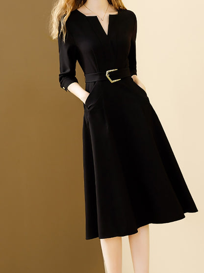 Women's Autumn Black Elegant Solid V-neck A-Line All-match Dress with Belt