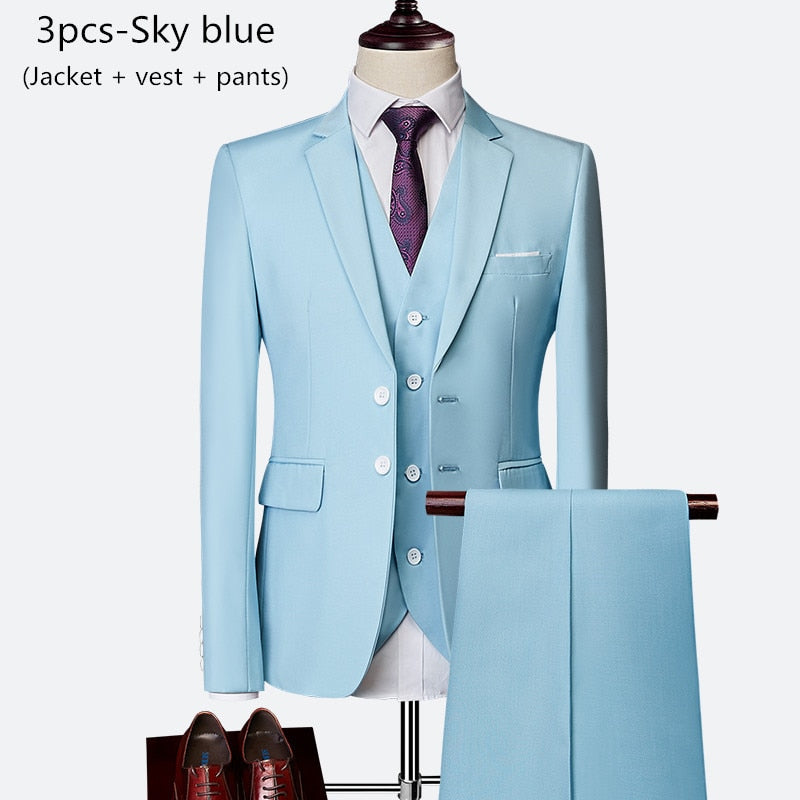 Men's 3 piece slim solid color business office suit (Jacket+Pant+Vest) - Collection 1 (7 Colors)