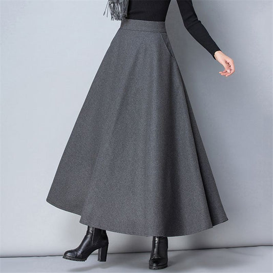 Womens Mid/Long High Waist Basic Wool Elastic A-Line Maxi Skirts (12 Colors)