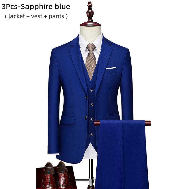 Men's 3 piece slim solid color business office suit (Jacket+Pant+Vest) - Collection 1 (7 Colors)