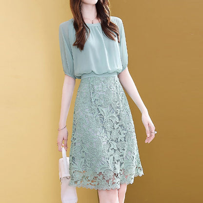 Women's Fake Two Piece Lace Chiffon Patchwork Dresses (2 Options)